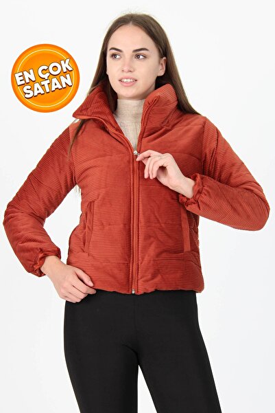 Neşeli Butik Kadın Kiremit Yüksek Yaka Fermuar Detaylı Cepli Kışlık Kadife Mont Nb7154