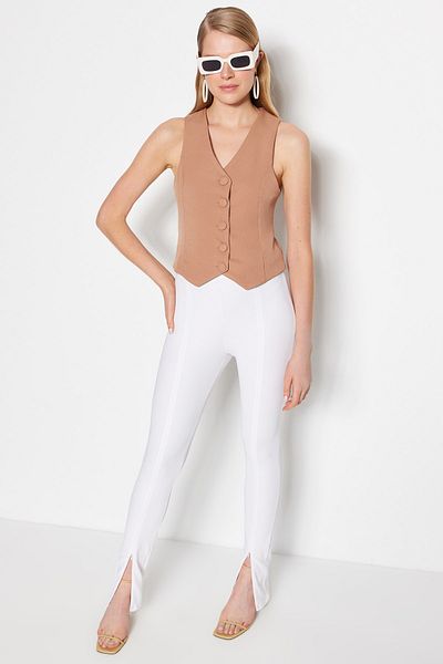 Trendyol Collection Υφαντό γιλέκο με κουμπιά με επένδυση Camel TWOSS21YE0009