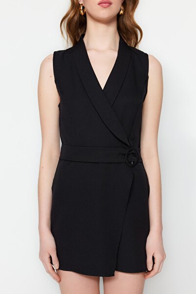 Trendyol Collection Black Belted Double Breasted Collar Mini Woven Jumpsuit TWOSS23TU00040