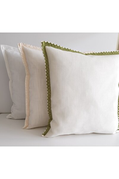 Fabric by Gülçin Keten Pamuklu Krem Renk Yeşil Dantel Biyeli Yastık Kılıfı