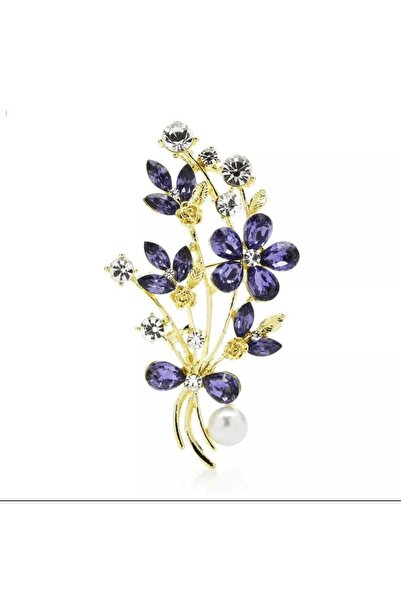 ESJ Inci Detaylı Kristal Taş Mor Çiçek Kadın Broş M747 Ebat: 6,7*3,6 Cm