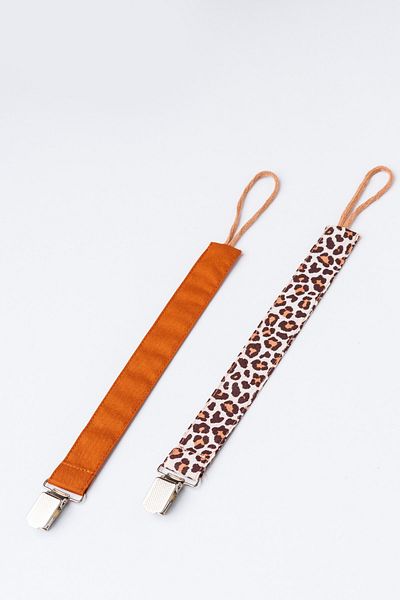 MyVera Tan - Leopard Pacifier Strap Set - Pacifier Chain Set of 2 - 100% Cotton Fabric