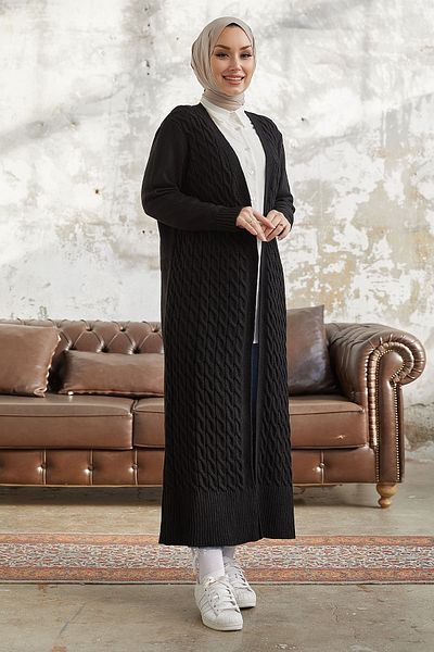 InStyle Jolie Knitted Patterned Knitwear Long Cardigan - Black