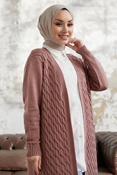 InStyle Jolie Knitted Patterned Knitwear Long Cardigan - Dusty Rose