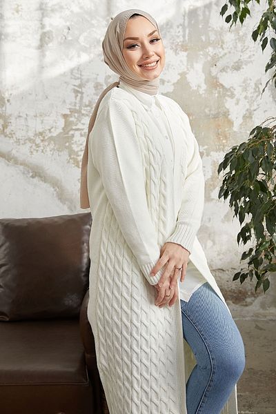 InStyle Jolie Knitted Patterned Knitwear Long Cardigan - White