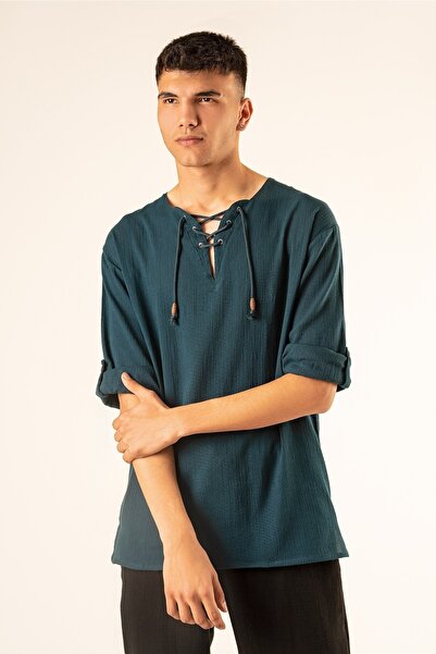 Botex Organic Cotton Lace-Up Crew Neck Men's Shirt - Petrol Green