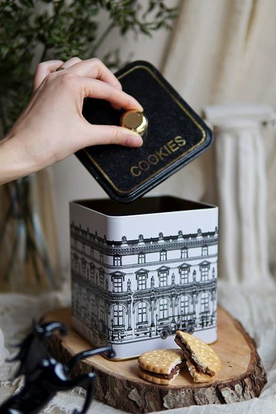 EVLE Er023-2j City Cookies Patterned Square Metal Storage Container 12x12 Cm