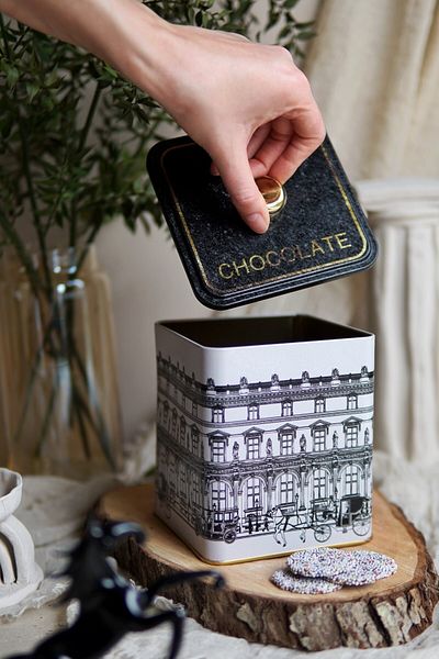 EVLE Er023-1j City Chocolate Patterned Square Metal Storage Container 12x12 Cm