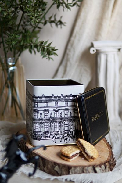 EVLE Er024-9ı City Biscuits Patterned Square Metal Storage Container 12x12 Cm