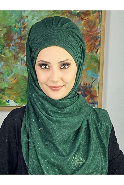 BUTİKAMBAR Topkapı Yakut Yeşili Simli Çapraz Drapeli Hazır Şal