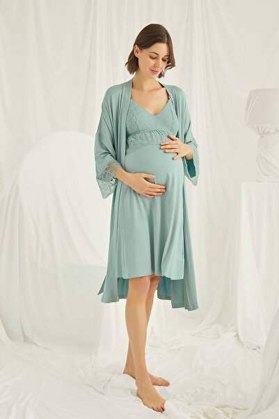 lohusahamile Yeşil Dantel Sabahlıklı Lohusa Gecelik Takımı Monamise 18470