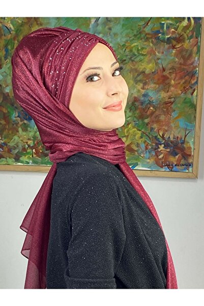BUTİKAMBAR Sultan Model Bordo Simli Şifon Büzgülü Şal