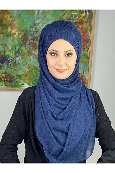 BUTİKAMBAR Topkapı Lacivert Simli Çapraz Drapeli Hazır Şal