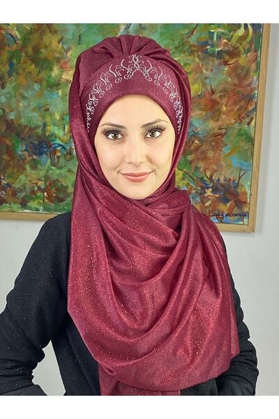 BUTİKAMBAR Prenses Model Bordo Simli Şifon Büzgülü Şal