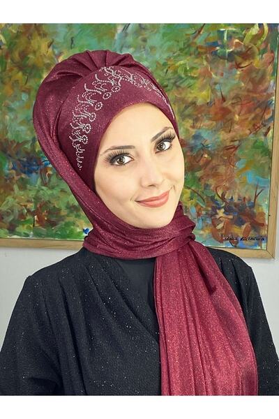 BUTİKAMBAR Prenses Model Bordo Simli Şifon Büzgülü Şal