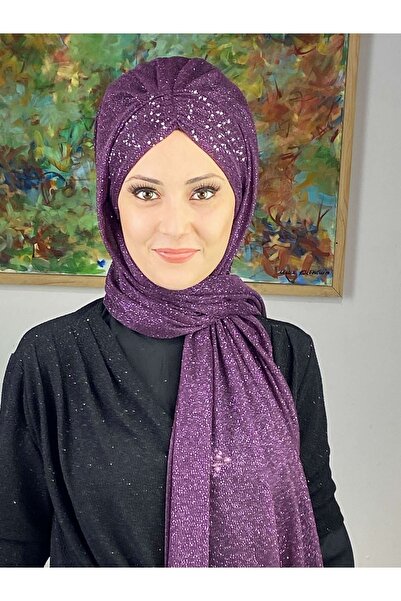 BUTİKAMBAR Sultan Model Mor Simli Şifon Büzgülü Şal