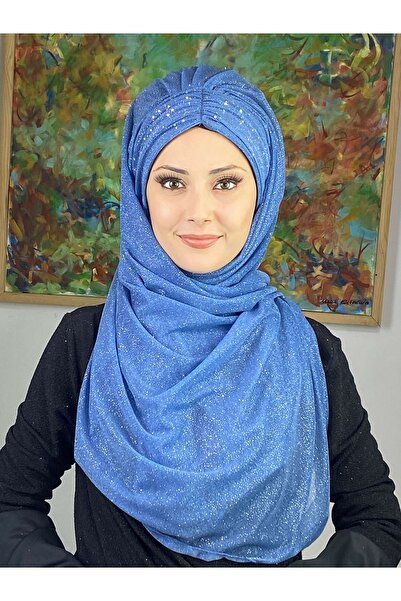 BUTİKAMBAR Sultan Model Mavi Simli Şifon Büzgülü Şal