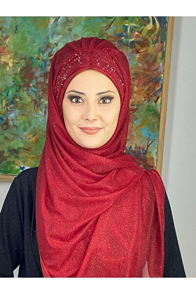 BUTİKAMBAR Sultan Model Kırmızı Simli Şifon Büzgülü Şal