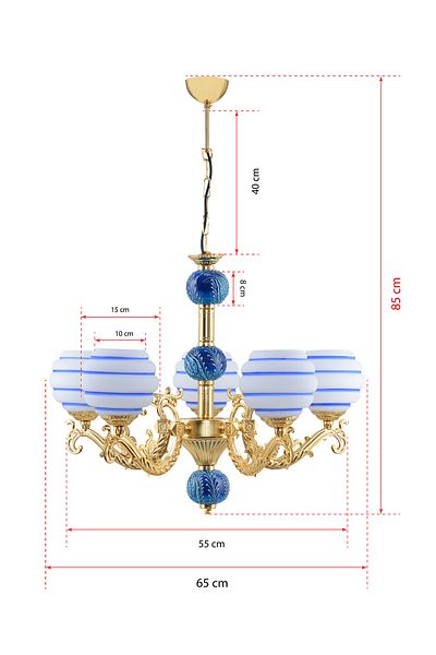 DEDE Five Arm Zamak Chandelier Gold Blue Tiled Blue Striped White Glass