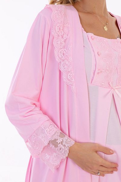 lohusahamile Pink Breastfeeding Featured Maternity Pajamas Set with Dressing Gown 3044