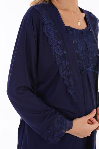 lohusahamile Lacivert Emzirme Özellikli Sabahlıklı Hamile Lohusa Pijama Takımı 3044