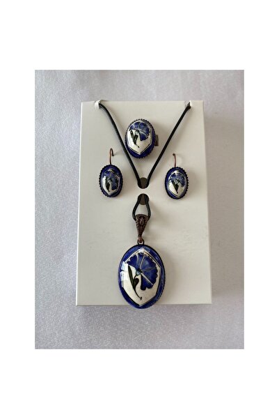HEDİYEM EVİME Iznik Çini Kolye Küpe Yüzük Set El Boyaması Model 1 Mor Renk