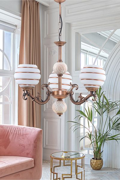 DEDE Three-Armed Zamak Chandelier with Copper Cream Tiles, Brown Stripes, White Glass