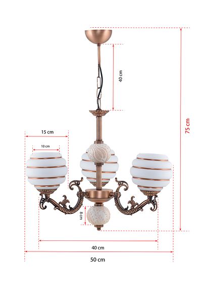 DEDE Three-Armed Zamak Chandelier with Copper Cream Tiles, Brown Stripes, White Glass