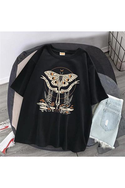 Touz Μπλουζάκι Butterfly & Mushrooms Μαύρο Unisex Oversize