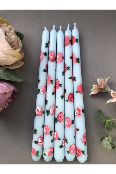 Elif Design El Boyaması Gül Desenli Mavi Şamdan Mumu / Desenli Çiçekli Mum (1...