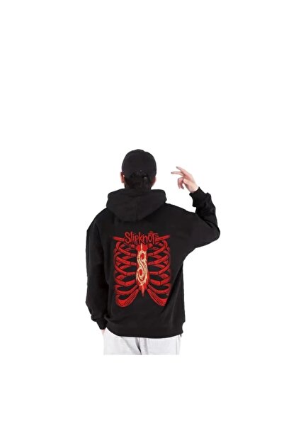 Touz Hanorac oversize cu glugă neagră cu imprimeu Gothic Skeleton Slipknot Back