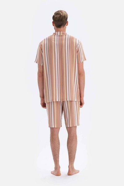 Dagi Brown Striped Shirt Collar Shorts Woven Pajama Set