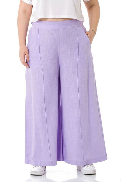 DISENTIS MODEST Large Size Ribbed Stitched Pocket Zippered Wide Leg Linen Lilac Trousers