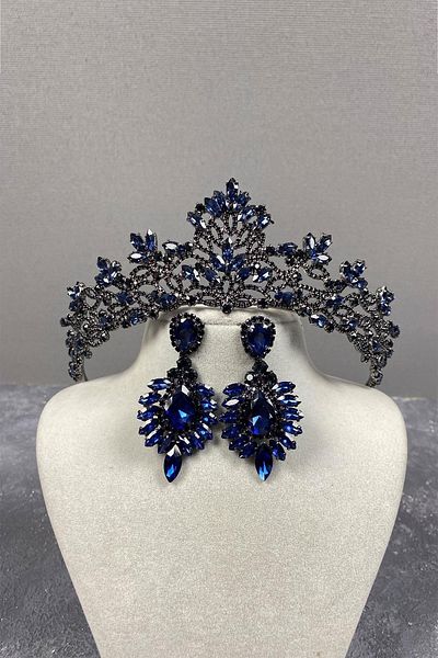 Hobigram Set de cercei și coroană de mireasă model Melissa bleumarin – Coroană, piatră de cristal, model elegant – Coroană