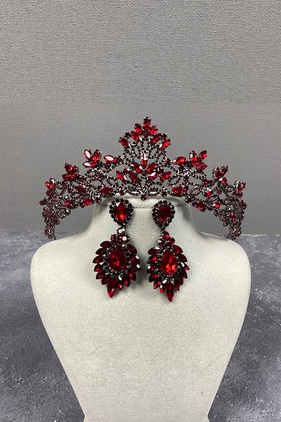 Hobigram Set de cercei și coroană de mireasă model Melissa burgundy – Coroană, piatră de cristal, model elegant – Coroană – T
