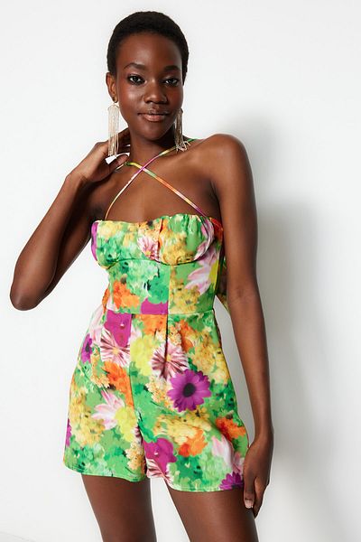 Trendyol Collection Multicolored Woven Piping Floral Patterned Jumpsuit TPRSS23TU00020