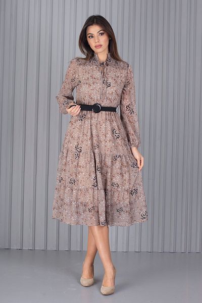 Neşeli Butik Γυναικείο φόρεμα σιφόν με μπεζ γιακά με λεοπάρ σχέδιο Apcx04