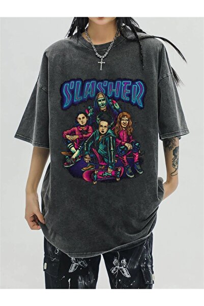 Touz Tricou unisex Haraju Washed Blue Slasher în stil vintage