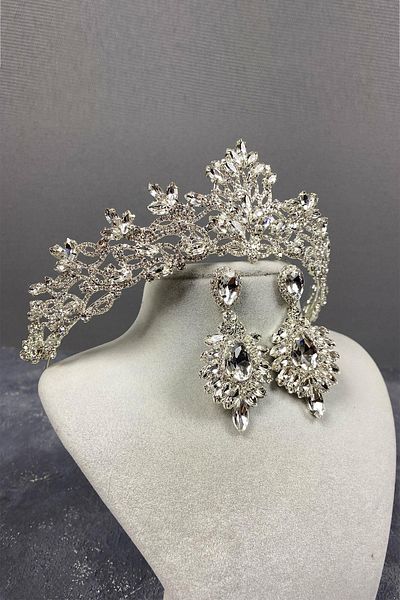 Hobigram Set de coroană de mireasă și cercei cu pietre prețioase Melissa Model Silver – Coroană, Crystal Stone, Model elegant – Coroană