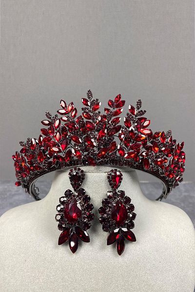 Hobigram Set de coroană de mireasă și cercei cu trei pietre din Henna tridimensională model Sezen Burgundy – Coroană, piatră de cristal – Coroană