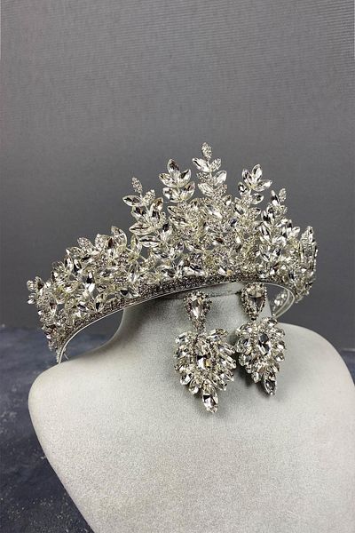 Hobigram Set de coroană de mireasă cu henna 3D și cercei subțiri Sezen Model argintiu – Coroană, piatră de cristal – Coroană