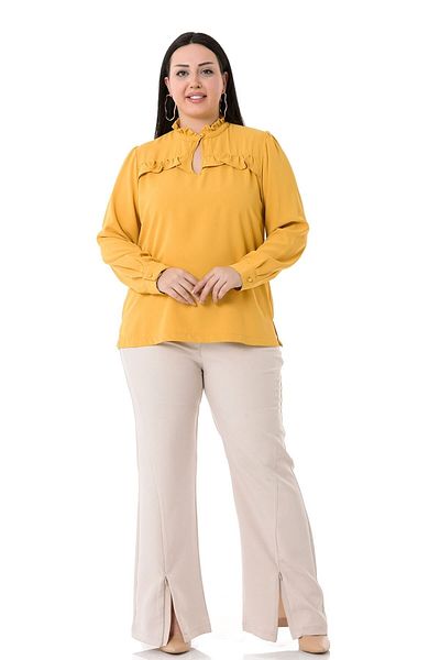 DISENTIS MODEST Plus Size Ruffle Side Λεπτομερής Γιακάς - Μουστάρδα Μπλούζα στο στήθος