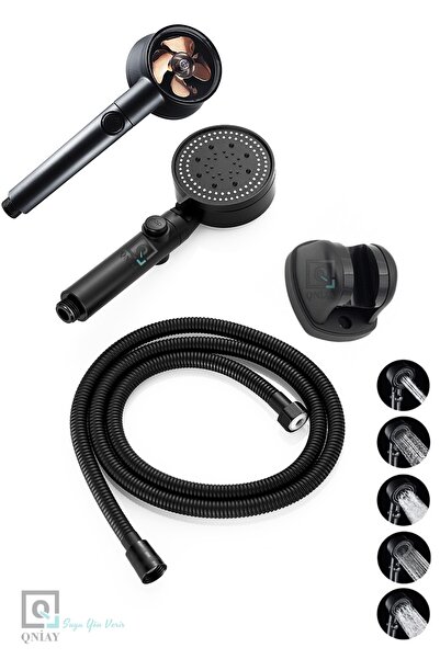 QNİAY Turbo Fanlı 3'lü Set Siyah 5 Fonksiyonlu Turbo Jet Pervaneli Duş Başlığ...