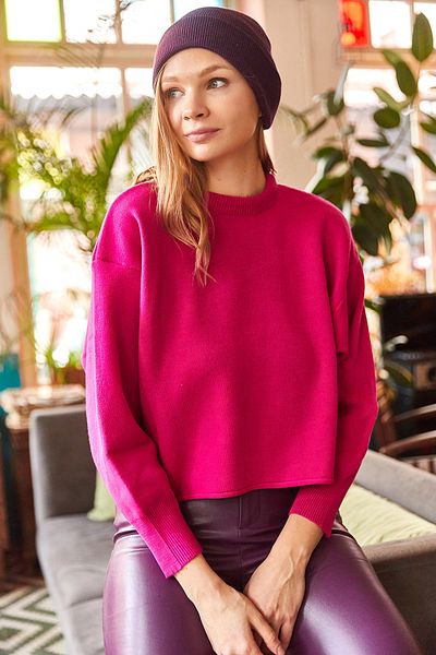 Olalook Pulover de damă, fucsia, cu decolteu rotund, tricot cu liliac KZK-19000576