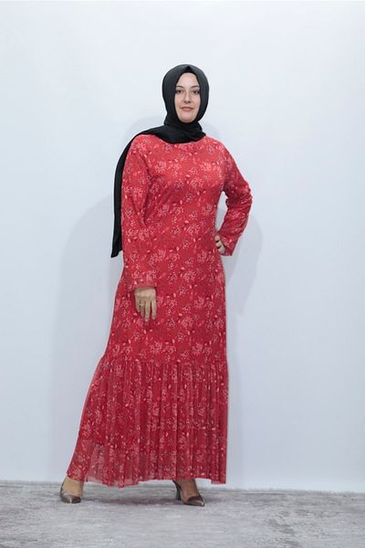 Zey&Ka Butik Plus Size Chiffon Pleated Flower Pattern Dress