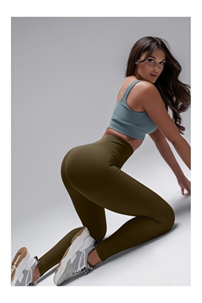 MİSTİRİK Pescia Fitilli Tayt Yüksek Bel Dikişsiz Dayanıklı Örme Kumaş Yeşil Renk