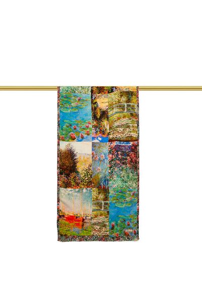 Bursa İpek Blue Monet Collage Silk Painting Scarf