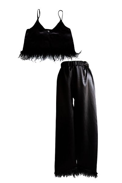 Mita Concept Black Satin Feather Top and Bottom Set