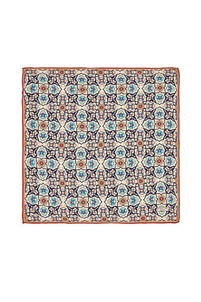 Bursa İpek Navy Blue Ecru Tile Spiral Pattern Silk Handkerchief