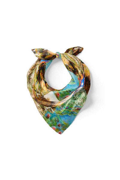 Bursa İpek Green Monet Collage Pattern Silk Handkerchief